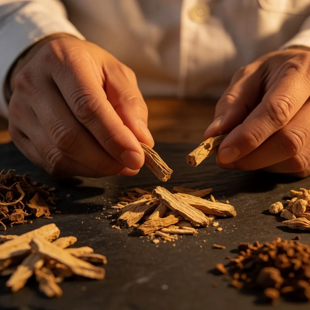 A botanist sorting dried herbs and roots on a dark surface under warm light