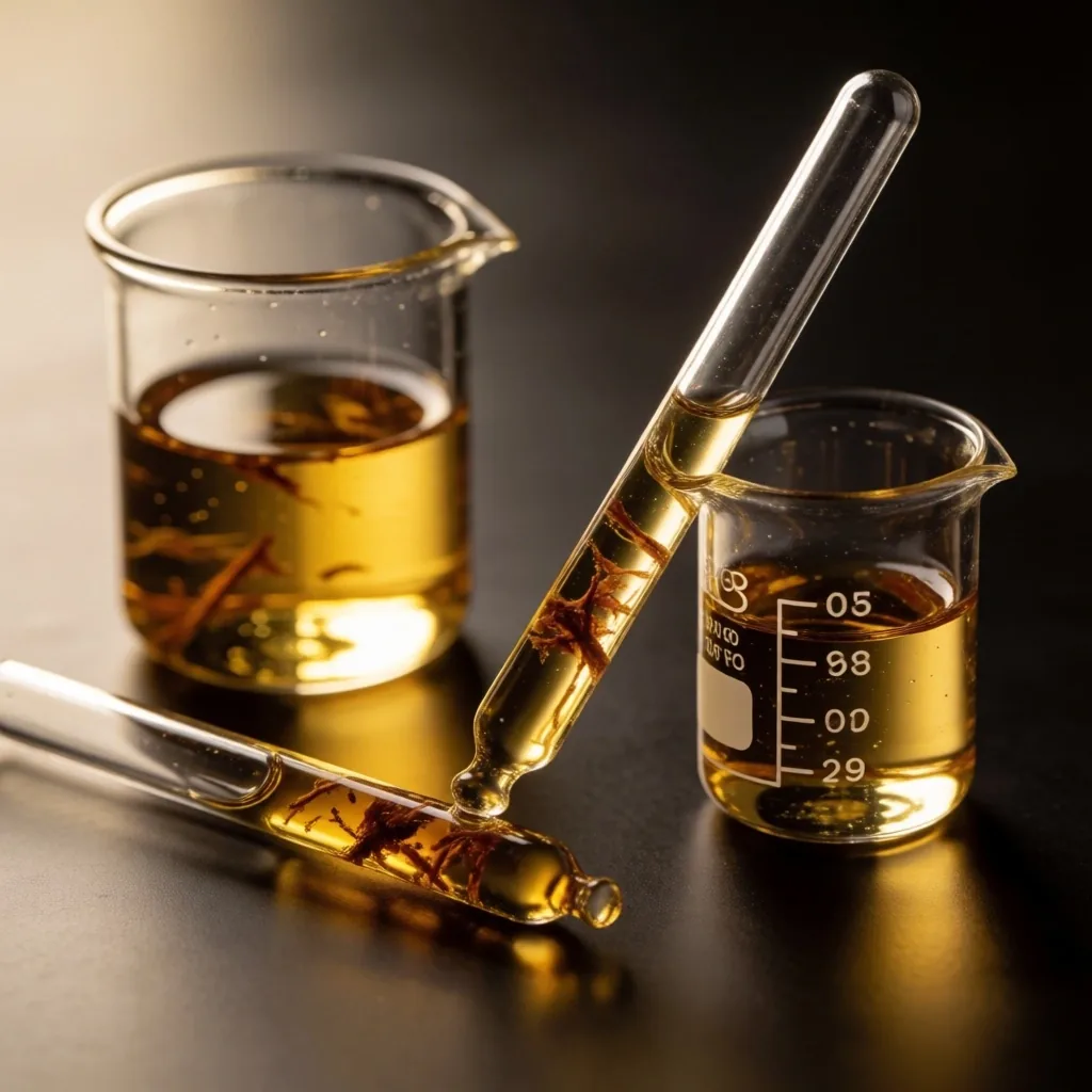 Glass laboratory vessels with botanical extracts under warm spotlight