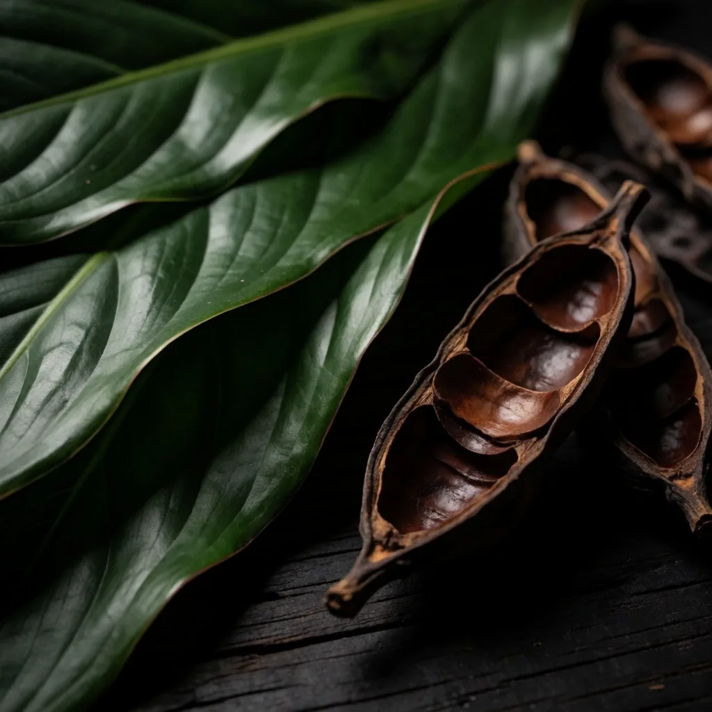 Dark botanical macro study on wooden surface