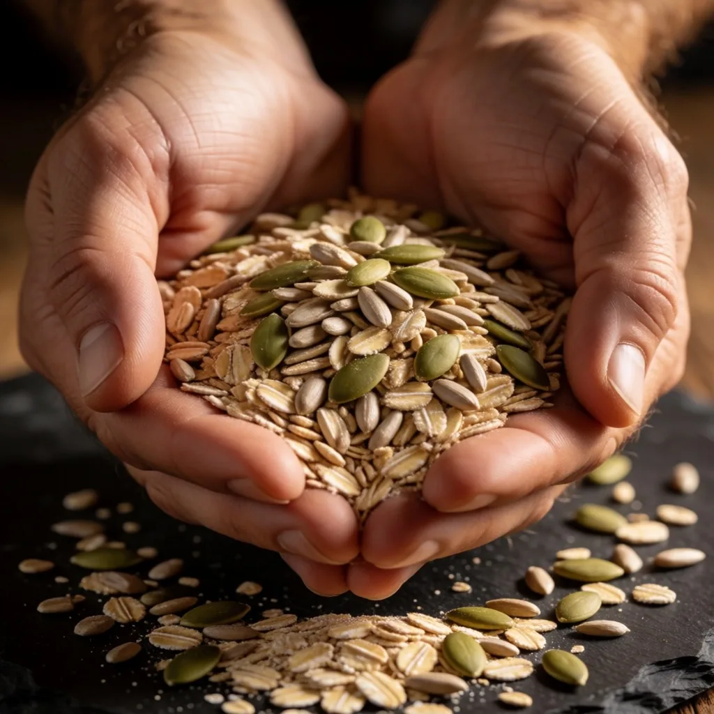 Hands holding oats and seeds