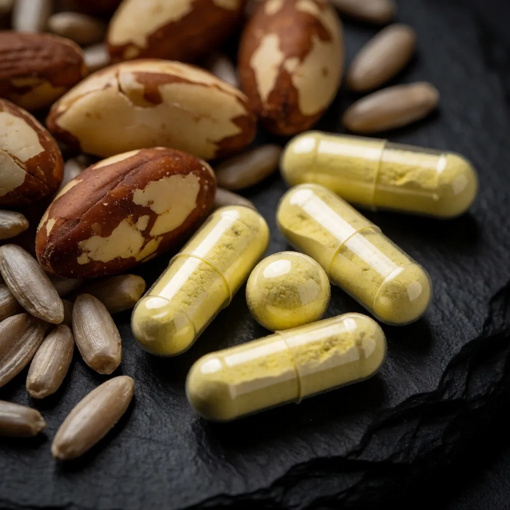 Vitamin capsules and natural food sources on a dark surface