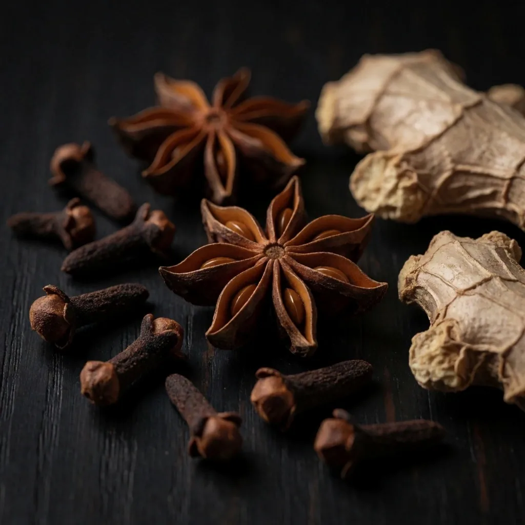 Botanical ingredients on a dark wooden surface
